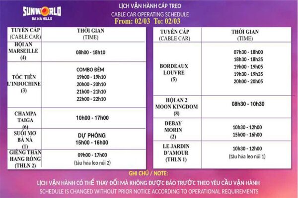 lịch vận hành cáp treo bà nà tháng 3 năm 2026