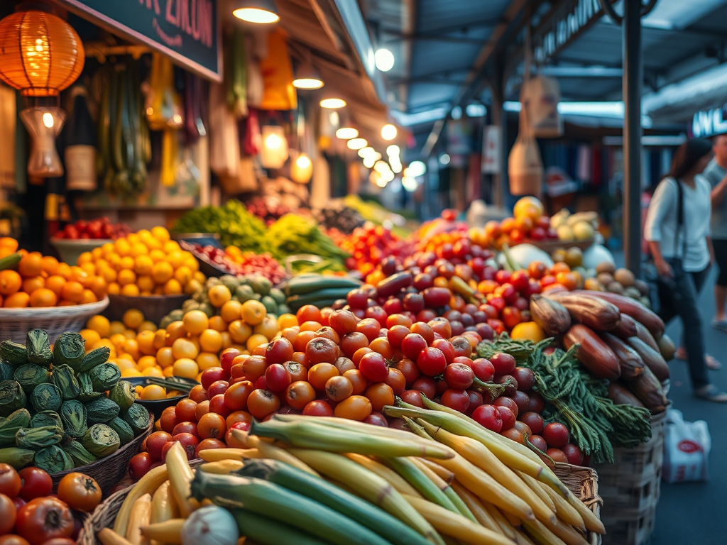 Chợ ẩm thực Đà Nẵng với nhiều loại trái cây và rau củ theo mùa, gợi ý ăn gì ở Đà Nẵng ngon và tươi mới.