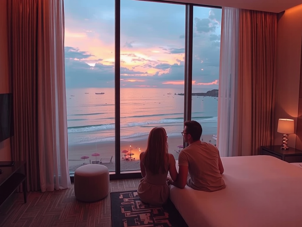 Khách sạn sang trọng ở Đà Nẵng nhìn ra bãi biển lúc hoàng hôn, minh họa cho kinh nghiệm du lịch Đà Nẵng, phòng ốc tiện nghi và hiện đại.