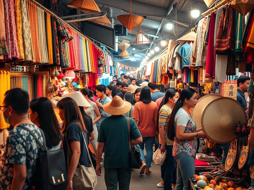 Khách du lịch mua sắm tại chợ Đà Nẵng, chọn lựa nón lá, lụa và đồ thủ công mỹ nghệ. Hình ảnh thể hiện kinh nghiệm du lịch Đà Nẵng về mua sắm.